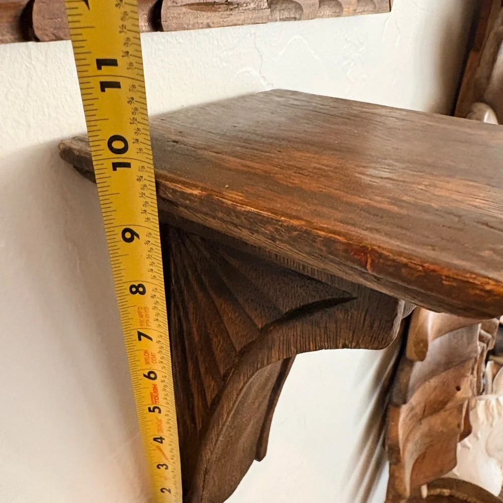 Rustic Carved Wood Brown Wall Shelf